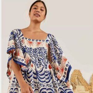 Farm Rio Afternoon Breeze White Blue Orange Caftan Midi Dress